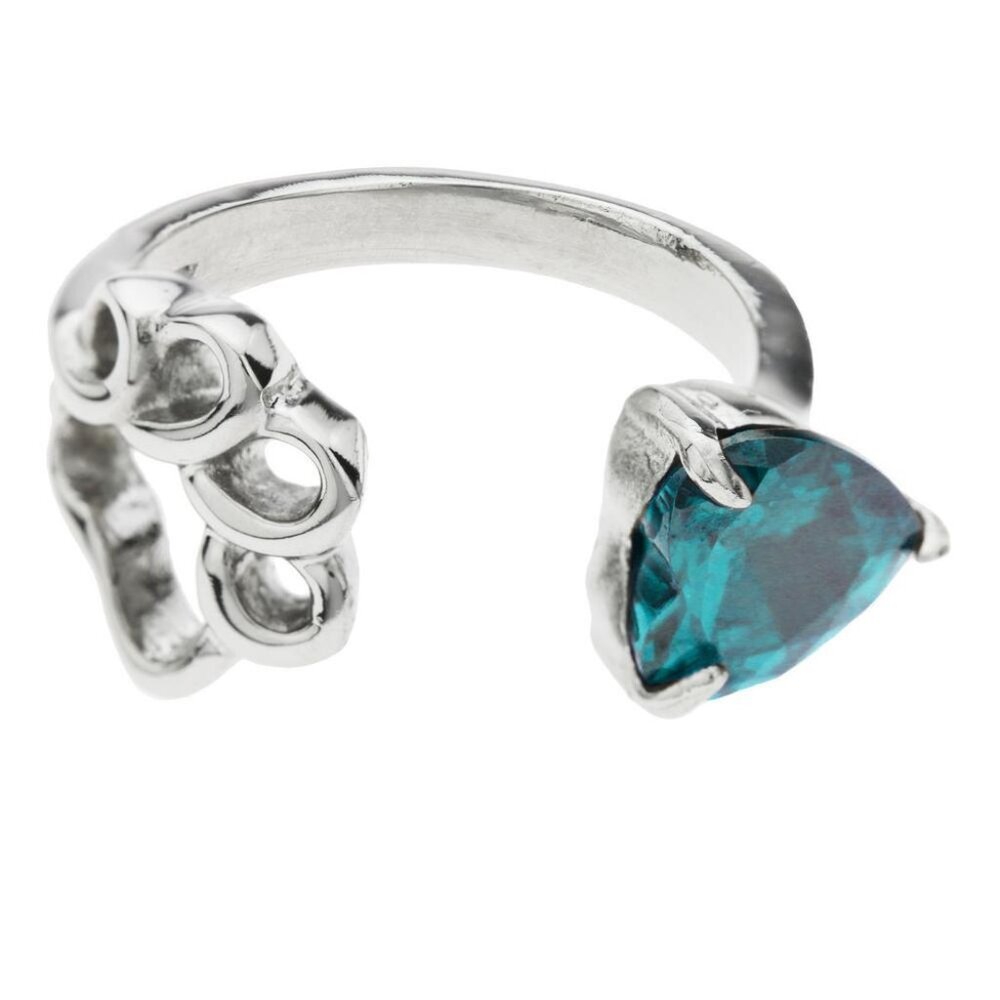 Silver PAW PRINT + blue-green gem ring Size 7